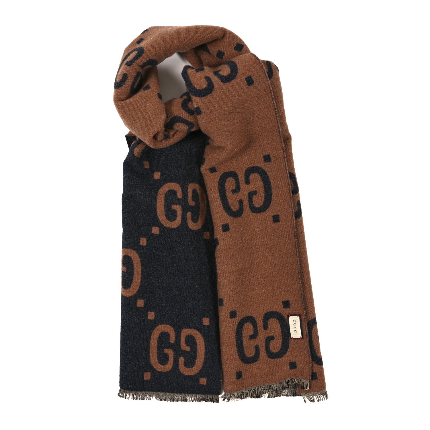 Gucci Wool Silk Monogram Jumbo GG Freedom Scarf Dark Brown Beige