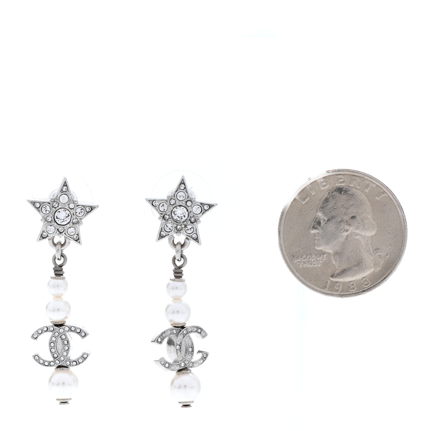 Crystal Pearl CC Star Drop Earrings Silver