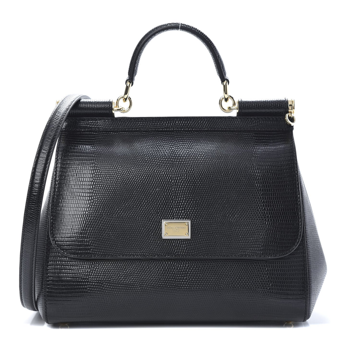 Iguana Calfskin Embossed Medium Miss Sicily Satchel Black