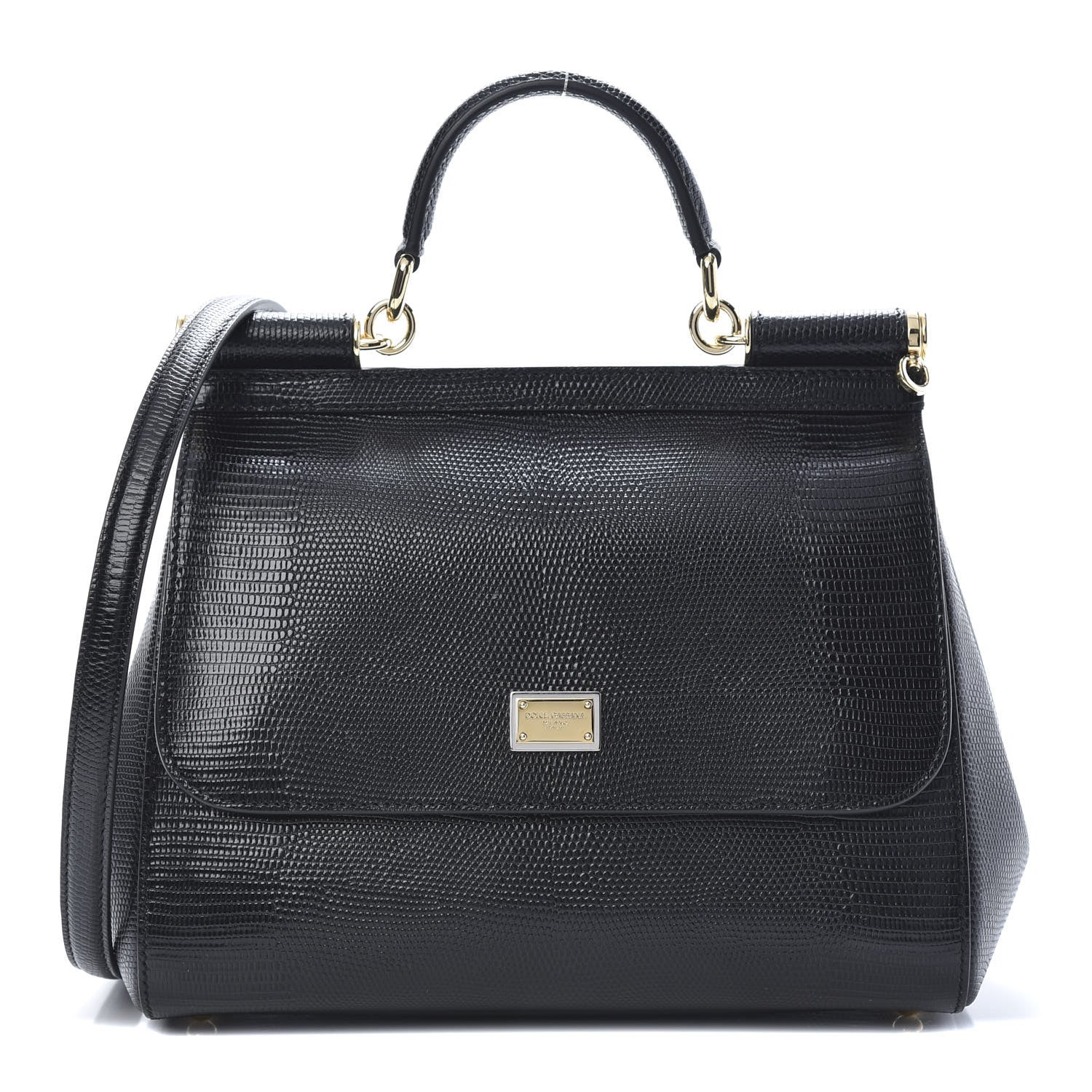 Dolce & Gabbana Iguana Calfskin Embossed Medium Miss Sicily Satchel Black 1 of 10