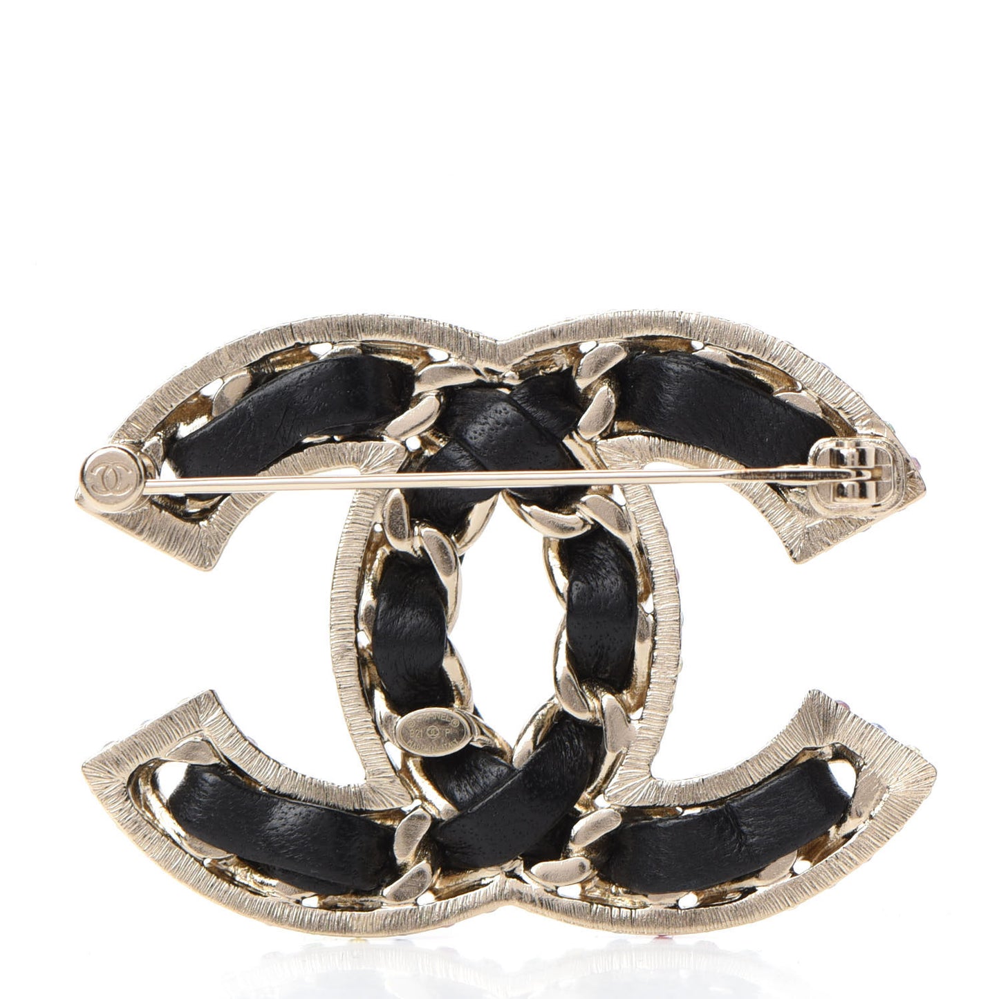 Lambskin Crystal CC Chain Brooch Black Gold Multicolor