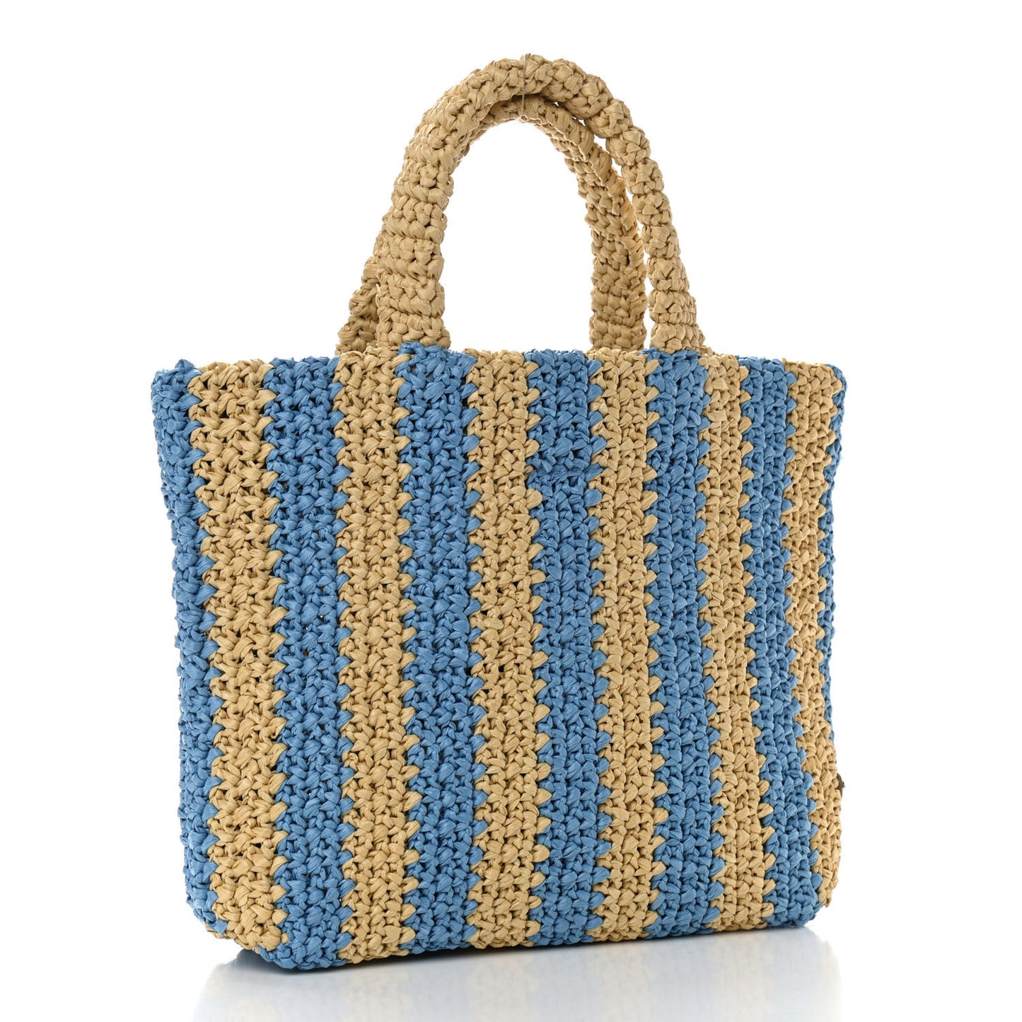 Yarn Raffia Effect Crochet Striped Small Logo Tote Naturale Celeste
