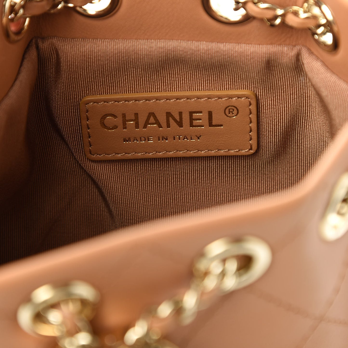 Calfskin Stitched Chain Bucket Bag Camel