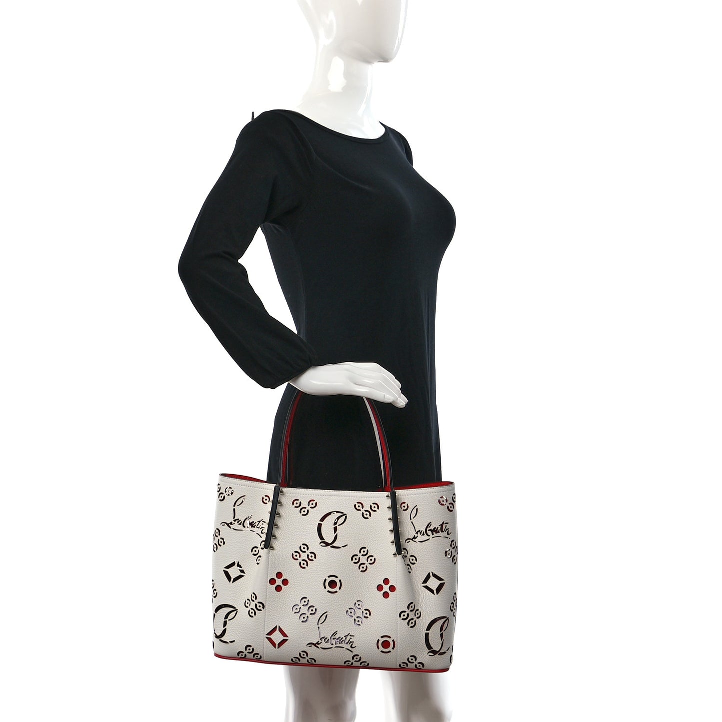 Calfskin Loubinthesky Small Perforated Cabarock Spikes Tote Snow