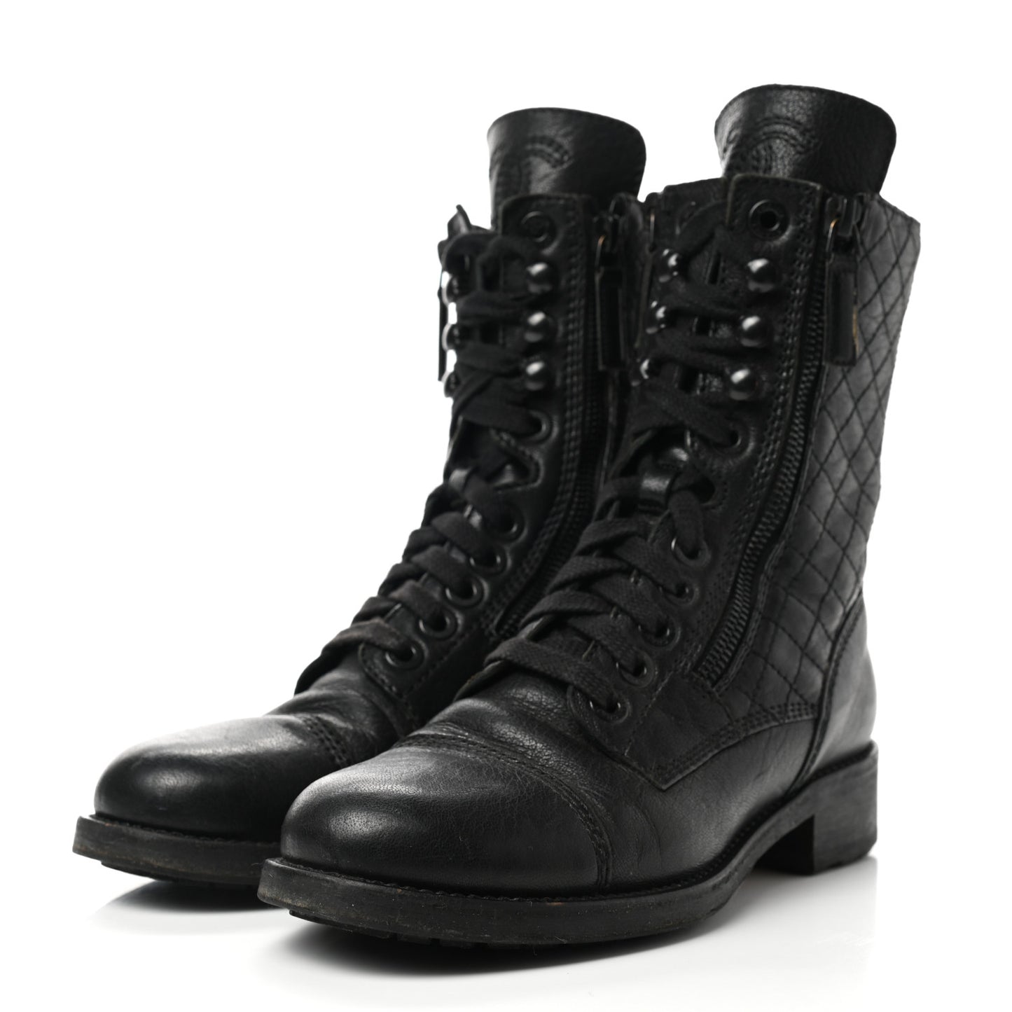Sheepskin Quilted CC Tall Lace Up Combat Boots 36 Black