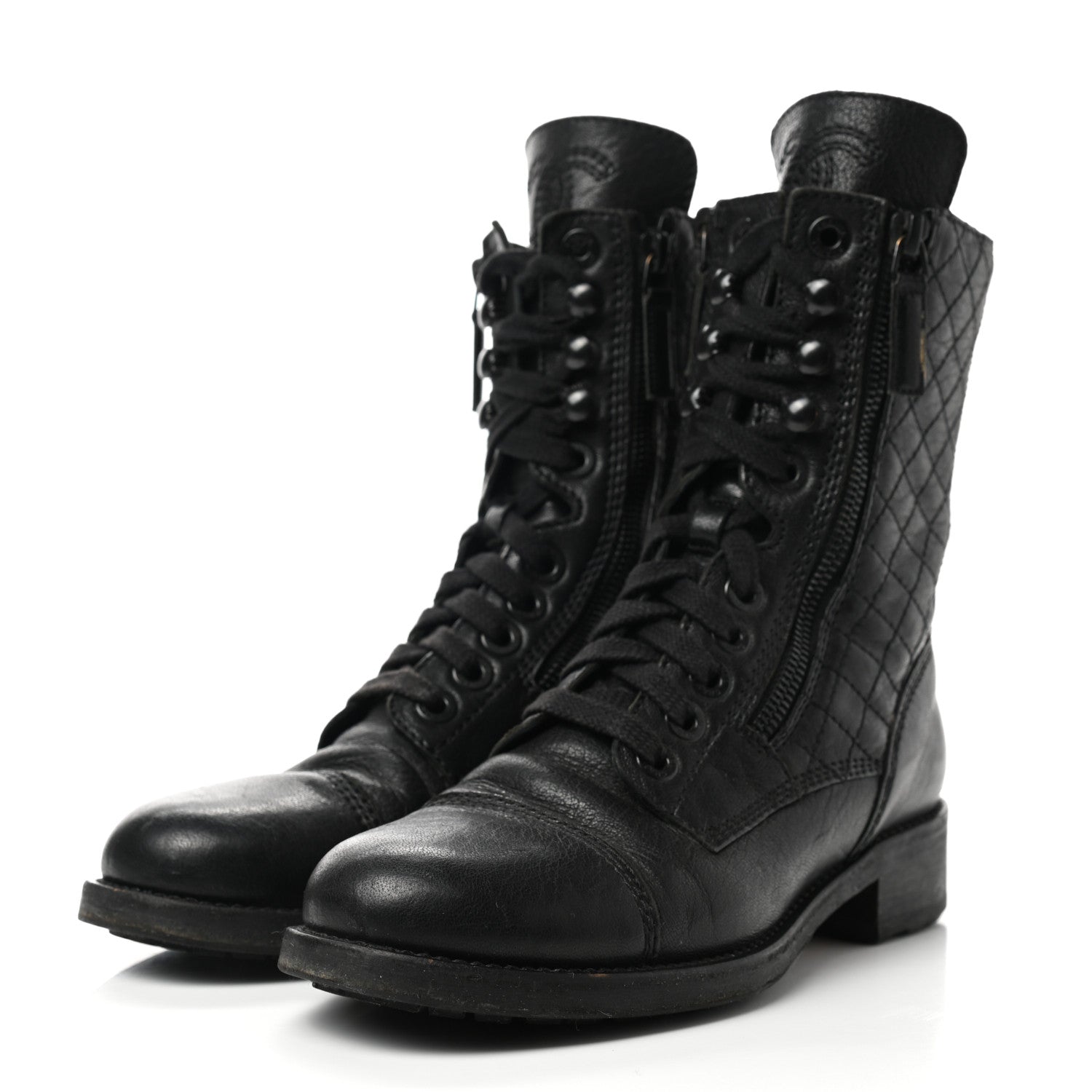 Chanel Sheepskin Quilted CC Tall Lace Up Combat Boots 36 Black 3 of 18