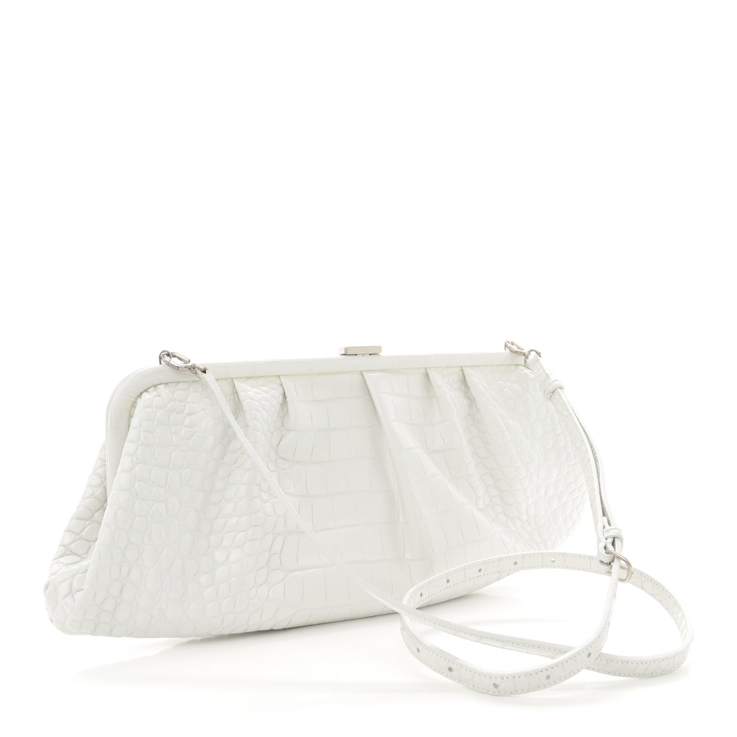 Shiny Supple Calfskin Logo Crocodile Embossed XL Cloud Clutch White