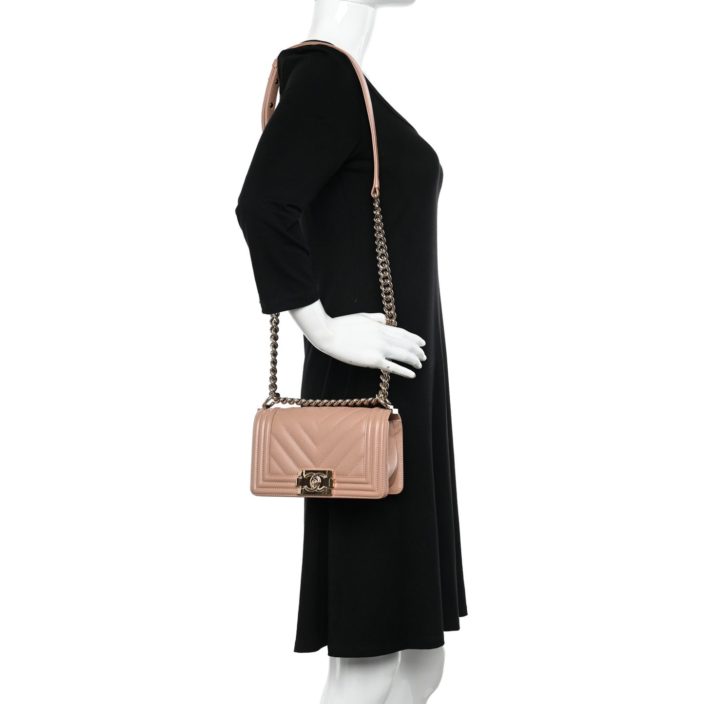 Caviar Chevron Quilted Small Boy Flap Dark Beige