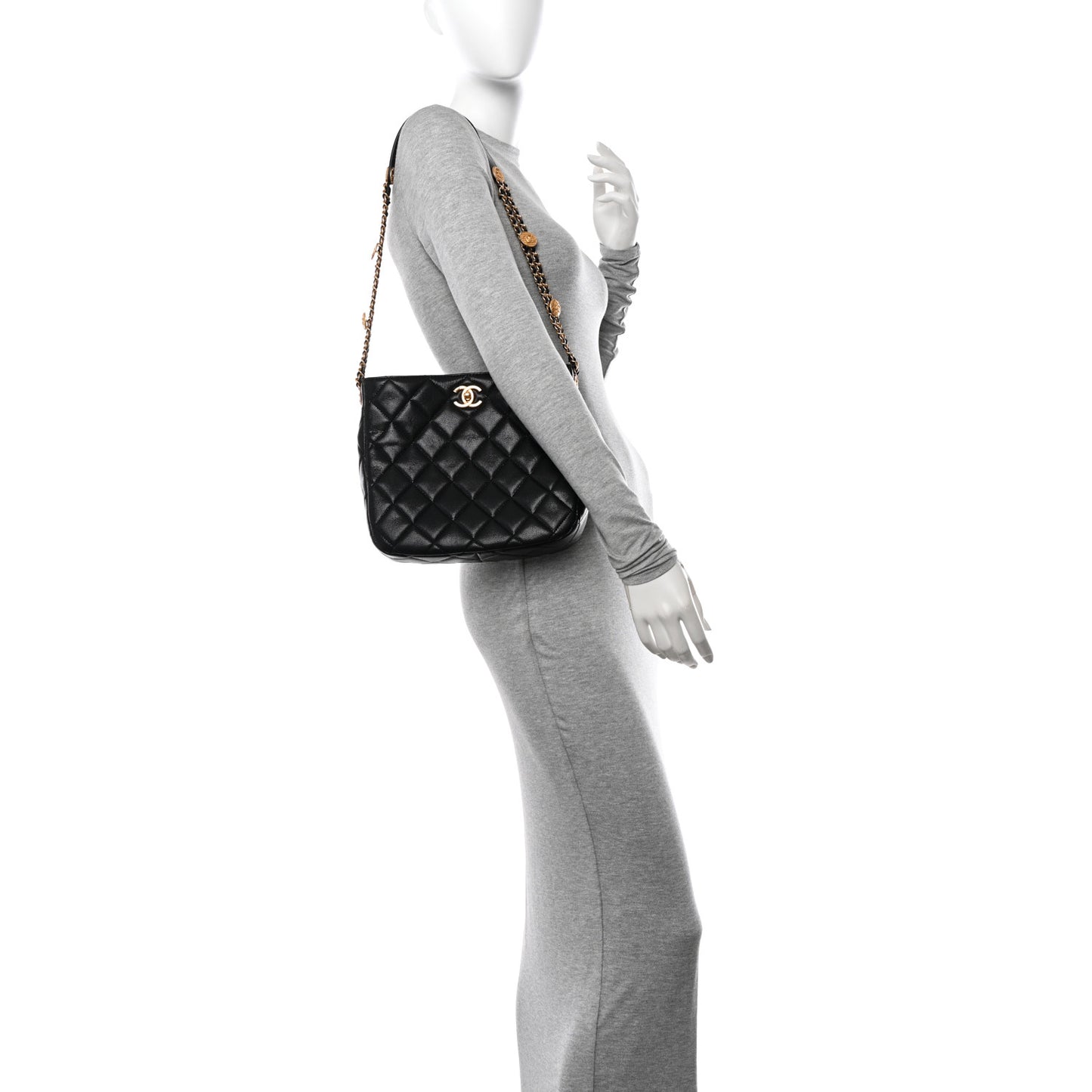 Shiny Caviar Quilted Twist Your Buttons Hobo Black