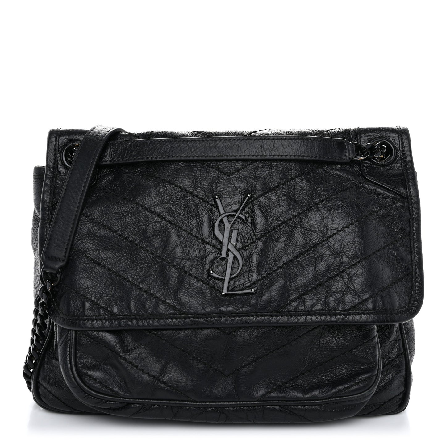 Crinkled Calfskin Matelasse Monogram Medium Niki Chain Satchel Black