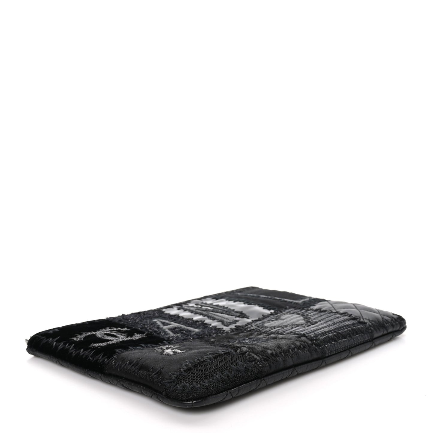 Tweed Patchwork Aged Calfskin Quilted Medium Cosmetic Case Black