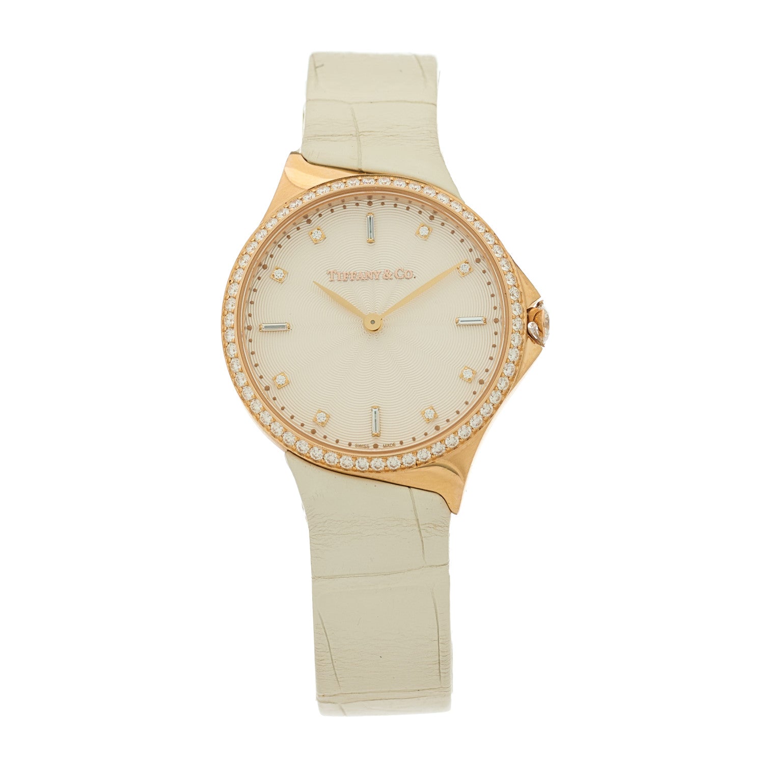 Tiffany 18K Rose Gold Alligator Diamond Bezel 28mm Metro Quartz