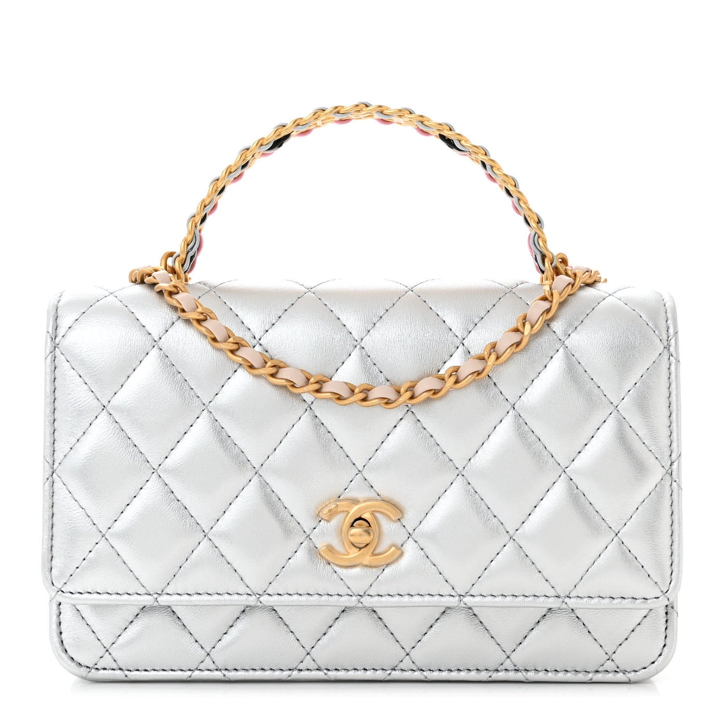 Metallic Calfskin Quilted Top Handle Wallet on Chain WOC Silver