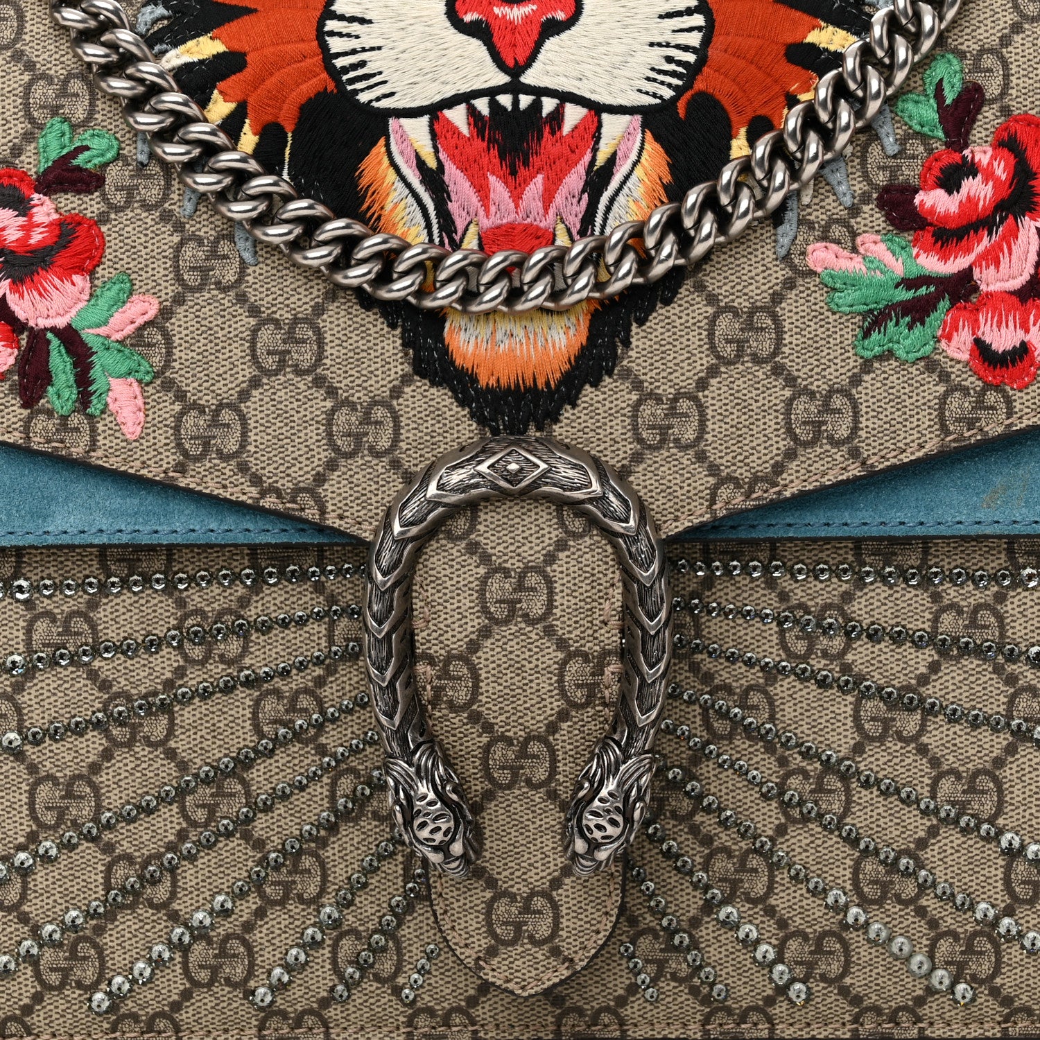 Gucci GG Supreme Monogram Angry Cat Embroidered Medium Dionysus Shoulder Bag Beige Ultramarine 8 of 19