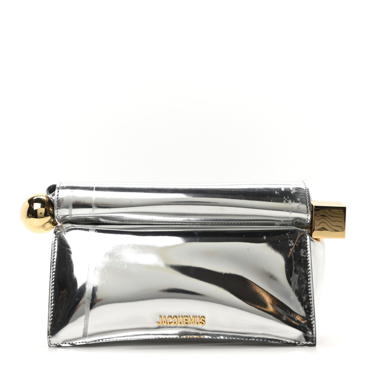 Metallic Patent Calfskin La Pochette Rond Carre Silver