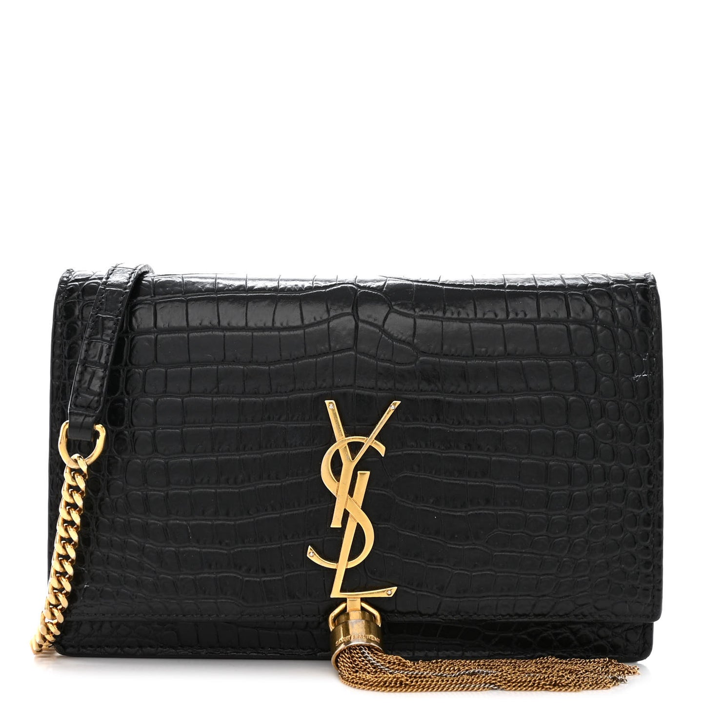 Calfskin Crocodile Embossed Kate Monogram Tassel Chain Wallet Black
