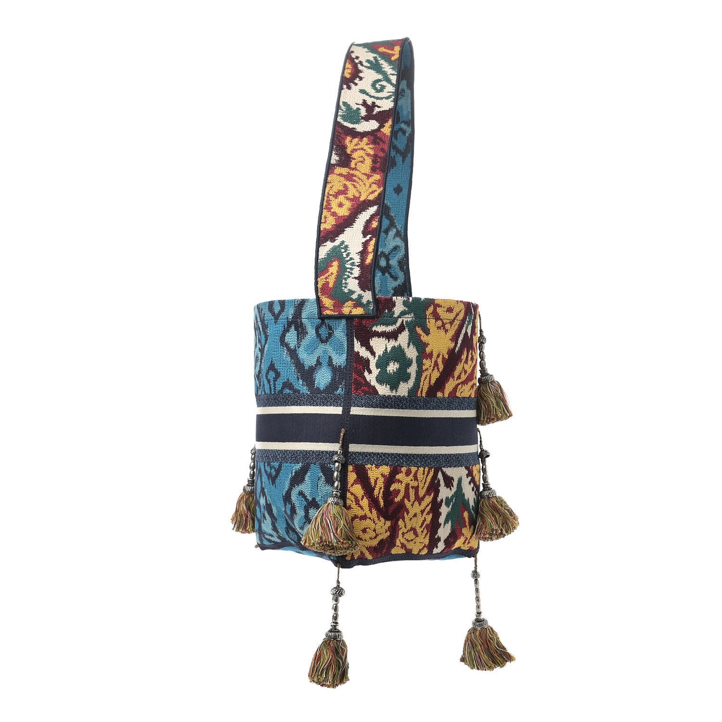 Canvas Embroidered Paisley D-Bubble Bucket Bag Blue Multicolor