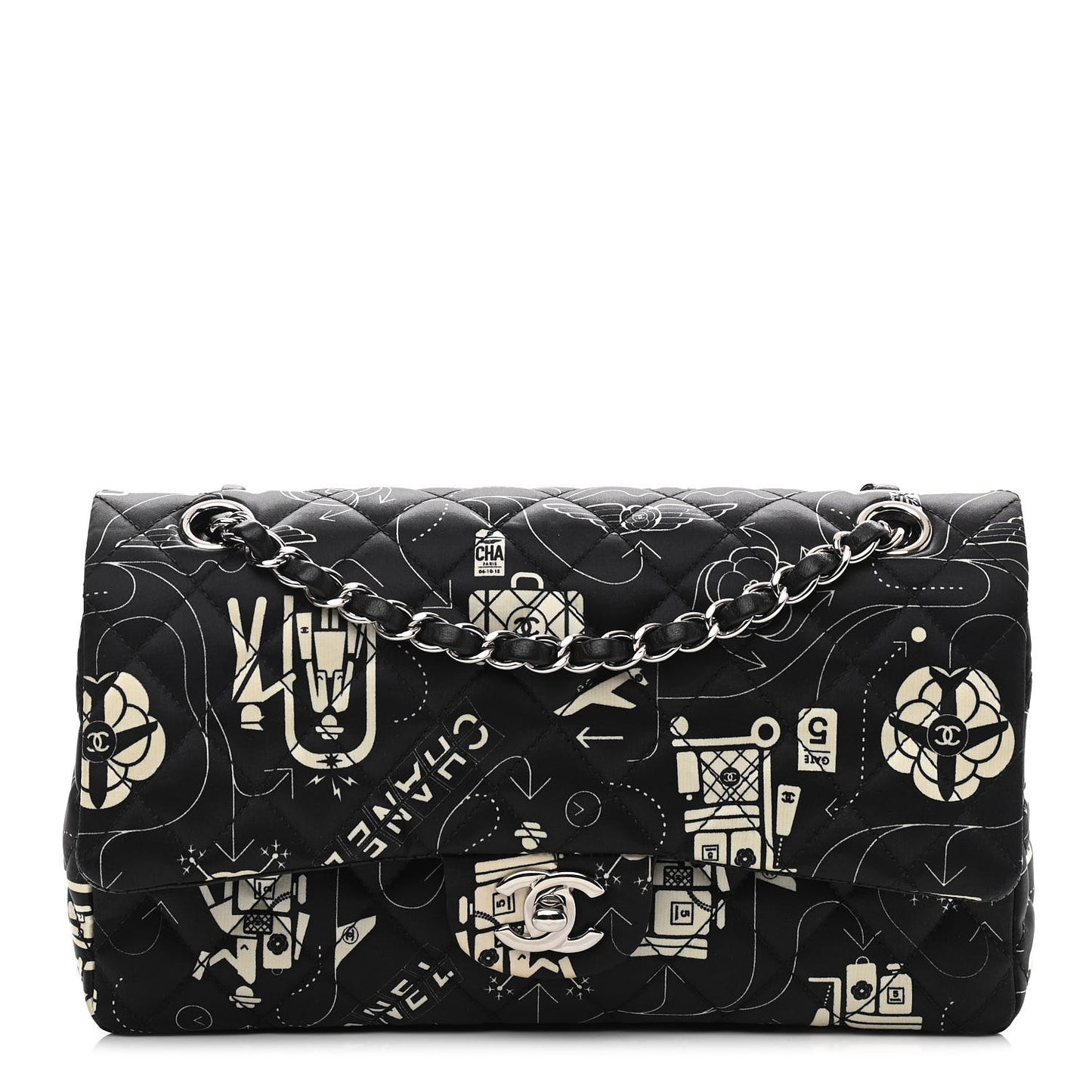 Satin Airline Printed Medium Double Flap Black White