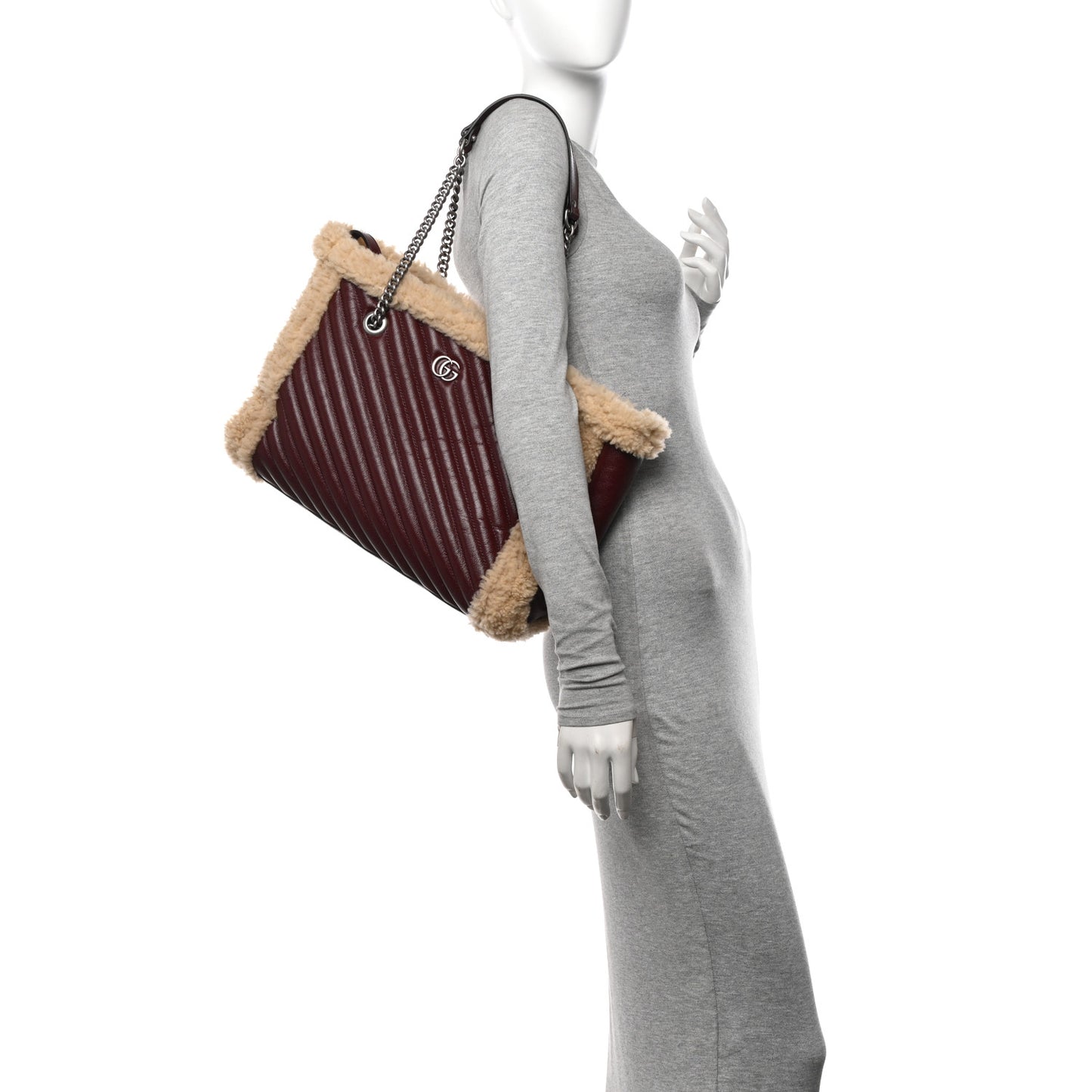 Azalea Calfskin Matelasse Diagonal Shearling Medium GG Marmont Shoulder Tote Bordeaux Sand Desert