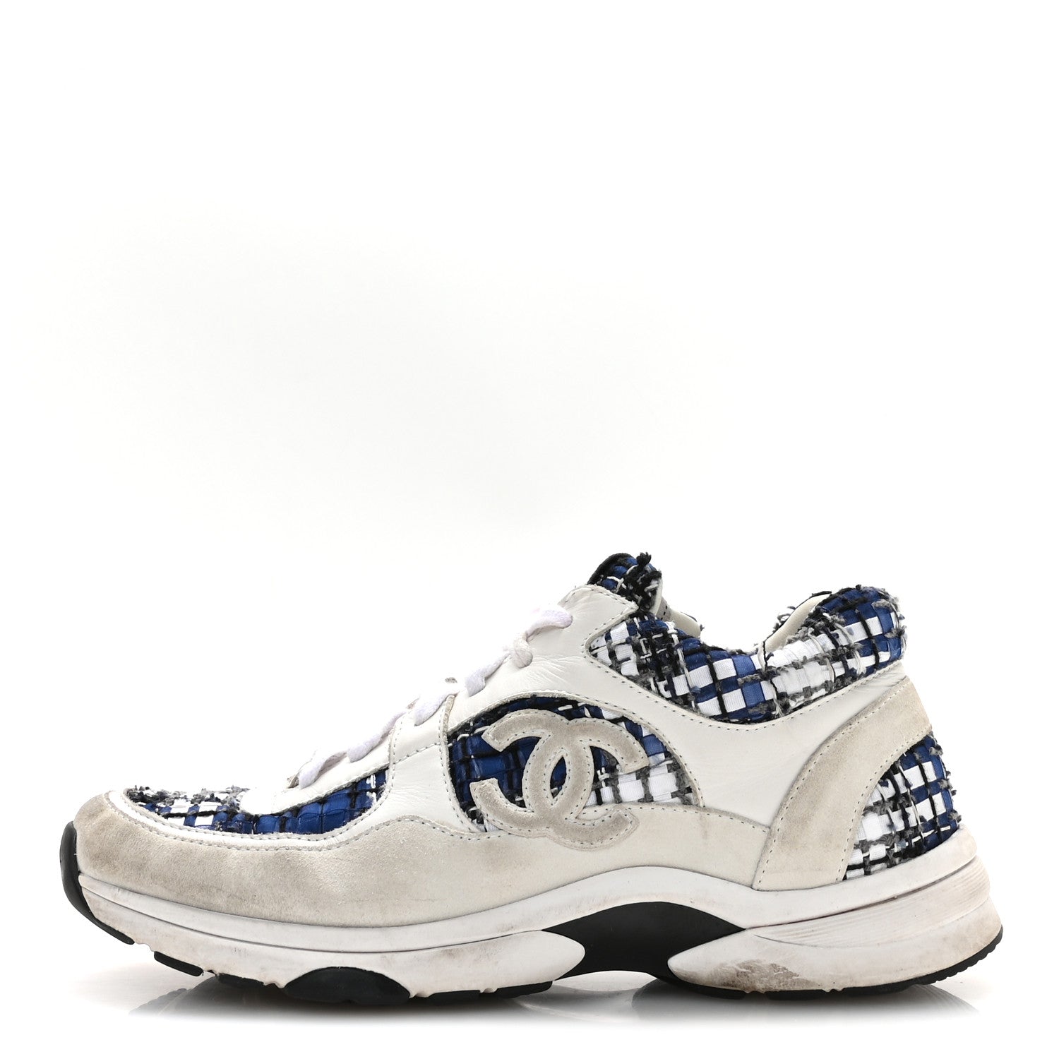 Chanel Tweed Suede Calfskin Womens CC Sneakers 39.5 Dark Blue