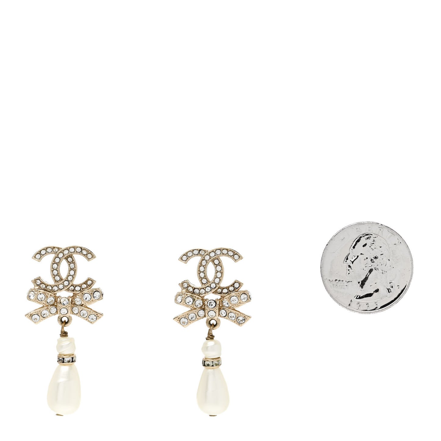 Crystal CC Bow Pearl Drop Earrings Gold Pearly White