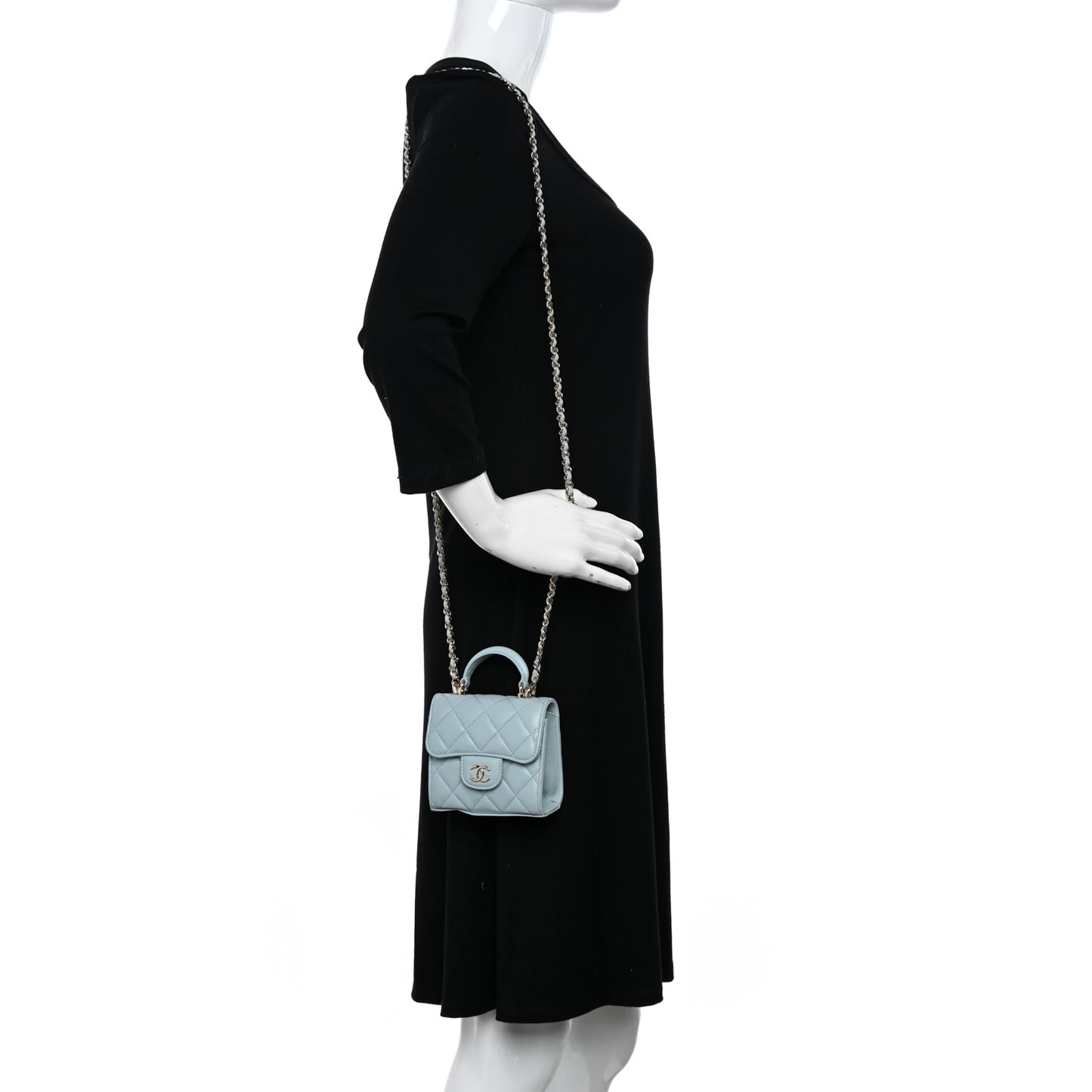 Lambskin Quilted Top Handle Flap Clutch With Chain Light Blue