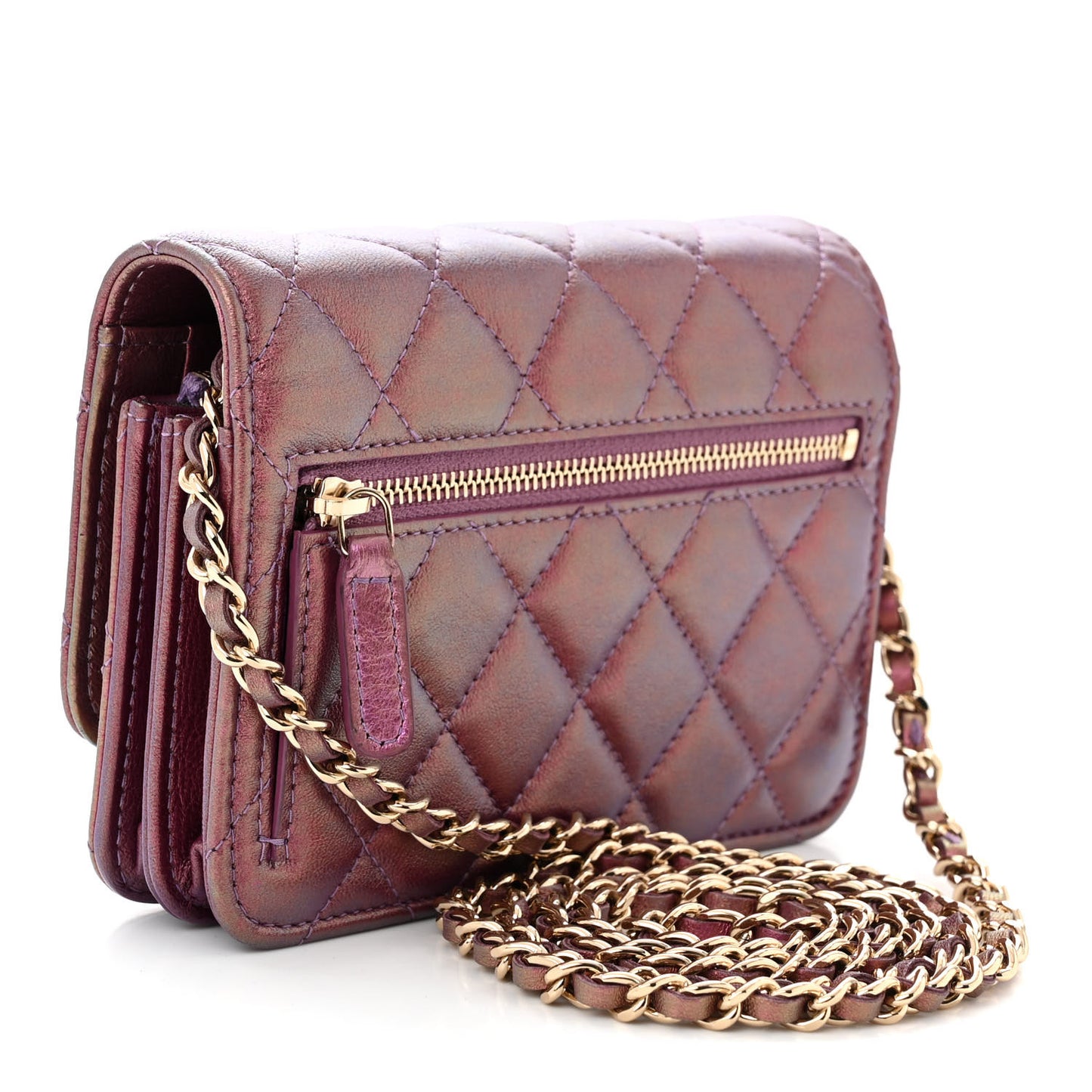 Iridescent Lambskin Quilted Mini Wallet On Chain WOC Purple