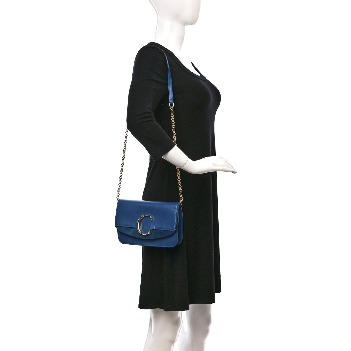 Calfskin Suede C Clutch With Chain Smoky Blue