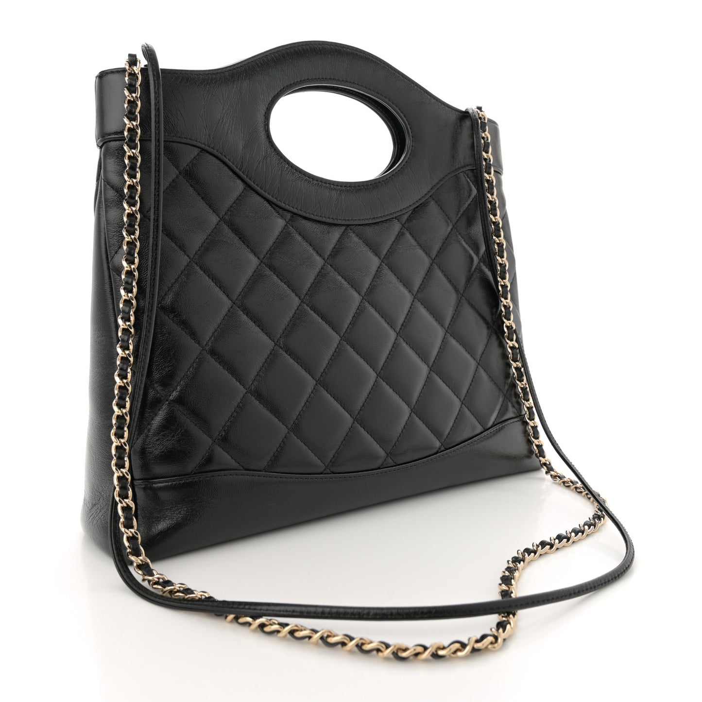 Shiny Crumpled Calfskin Quilted Small 31 Shopping Bag Black