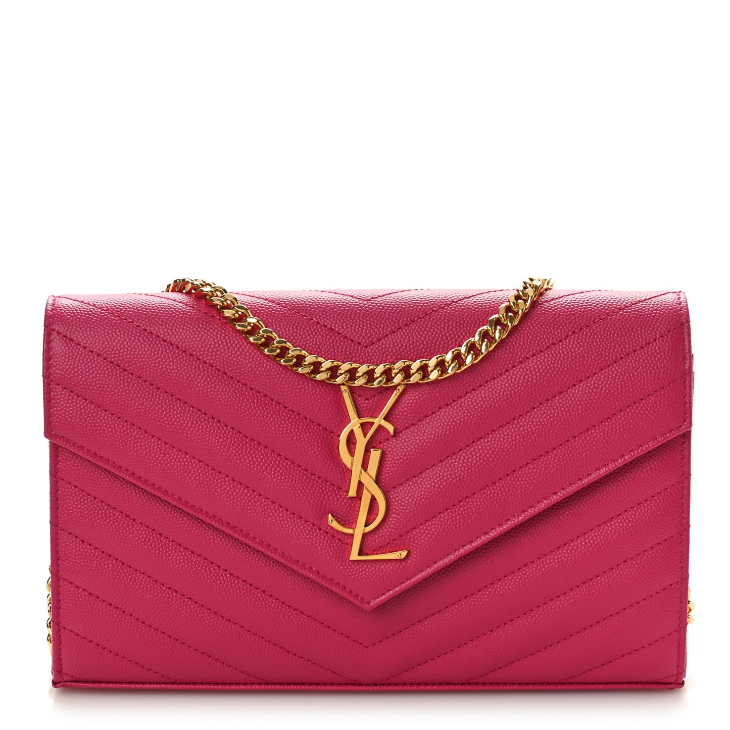 Grain De Poudre Matelasse Chevron Monogram Chain Wallet Lipstick Fuchsia