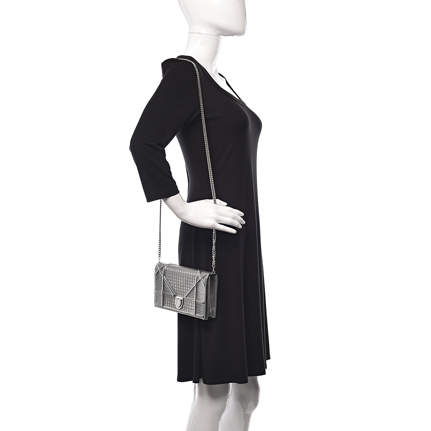 Christian Dior Metallic Patent Micro-Cannage Diorama Wallet on Chain Pouch Silver 2 of 12