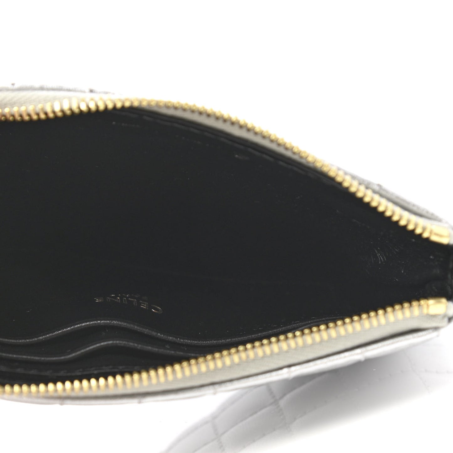 Laminated Calfskin Quilted C Charm Coin Card Pouch Silver