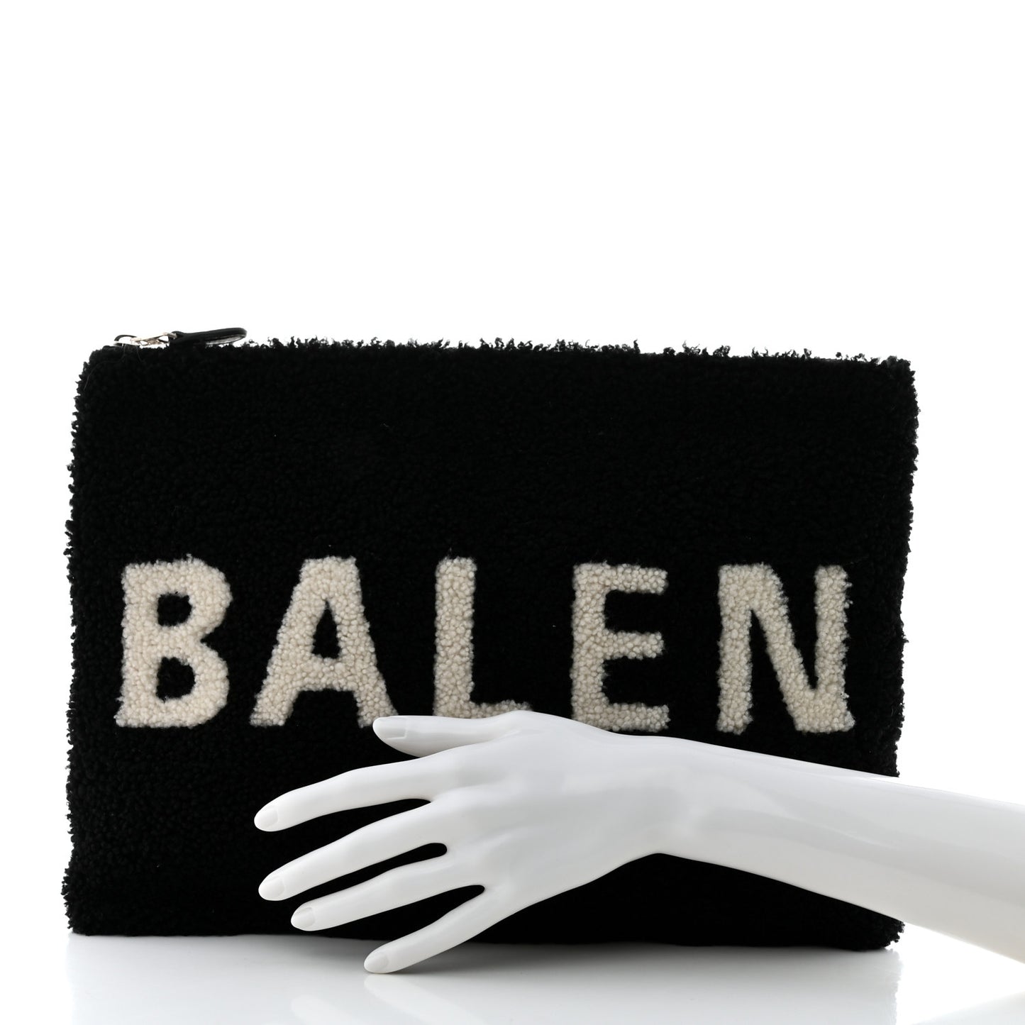 Sheepskin Shearling Contrasted Logo Large Zip Pouch Black