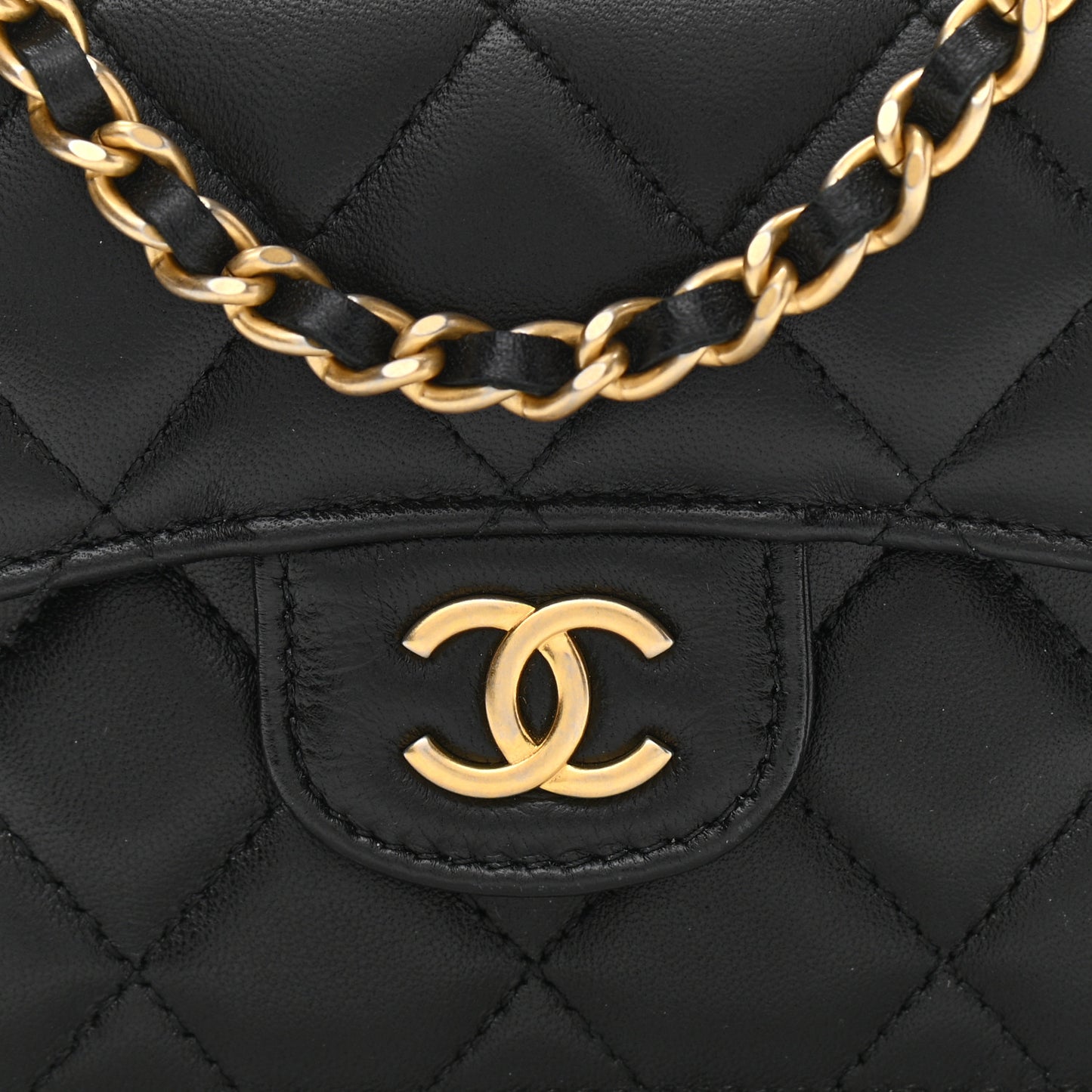 Lambskin Quilted Top Handle Flap Coin Purse With Chain Black