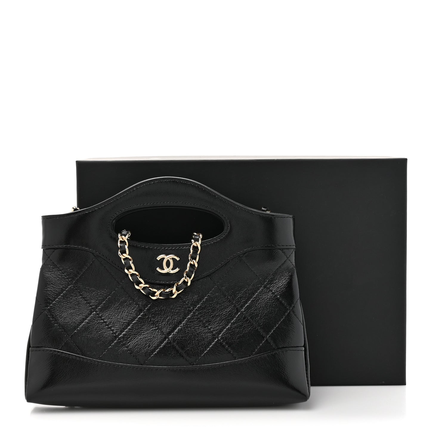 Shiny Crumpled Calfskin Quilted Nano 31 Shopping Bag Black