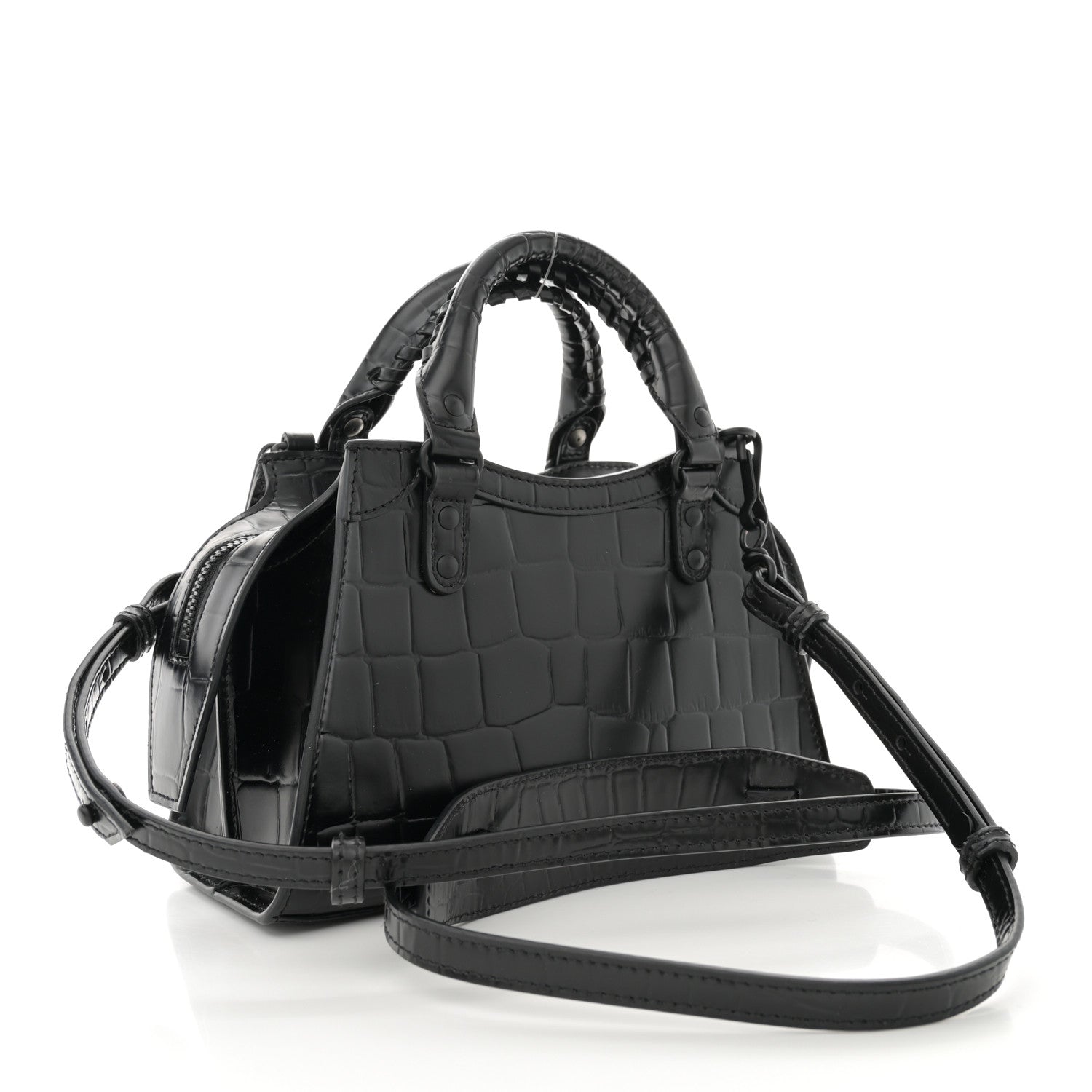 Balenciaga Semi Shiny Calfskin Crocodile Embossed Neo Classic Black Hardware Mini City Black 3 of 11