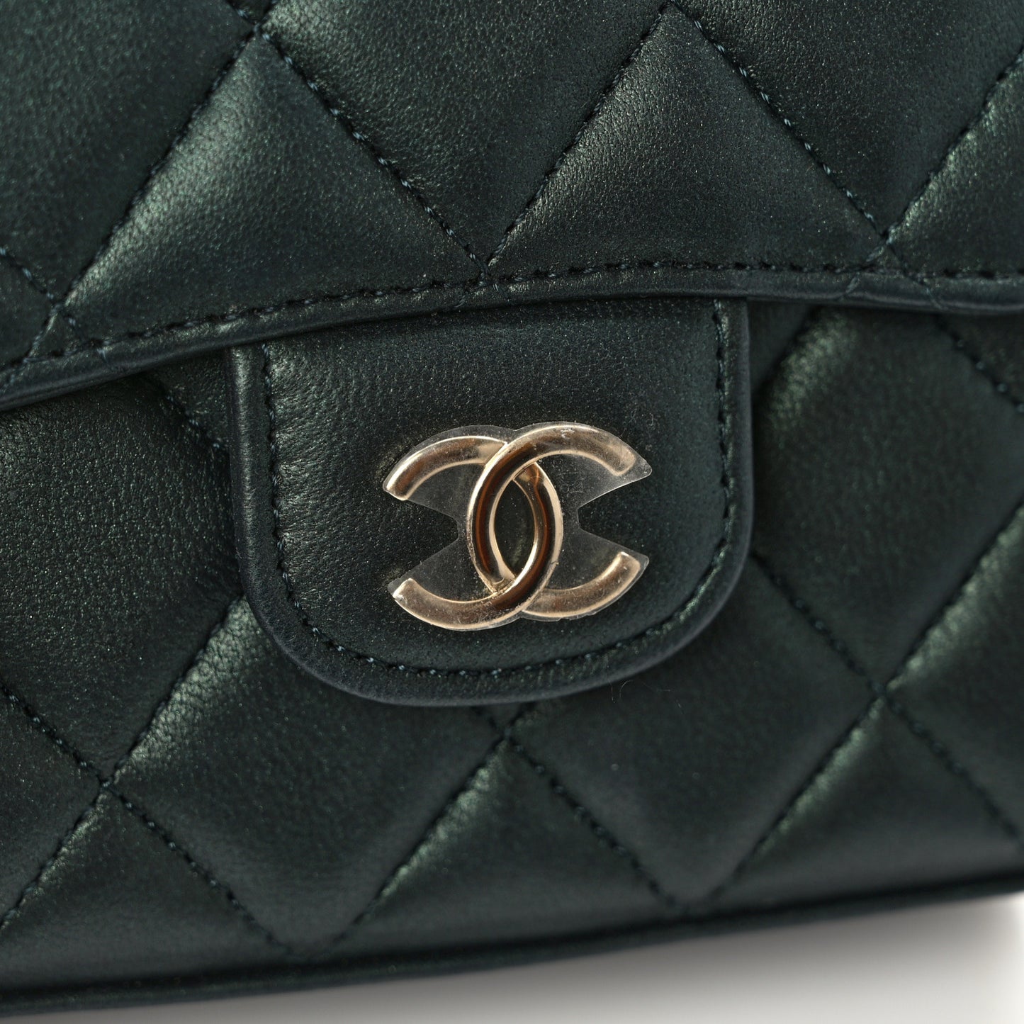 Iridescent Lambskin Quilted Top Handle Flap Clutch With Chain Dark Green