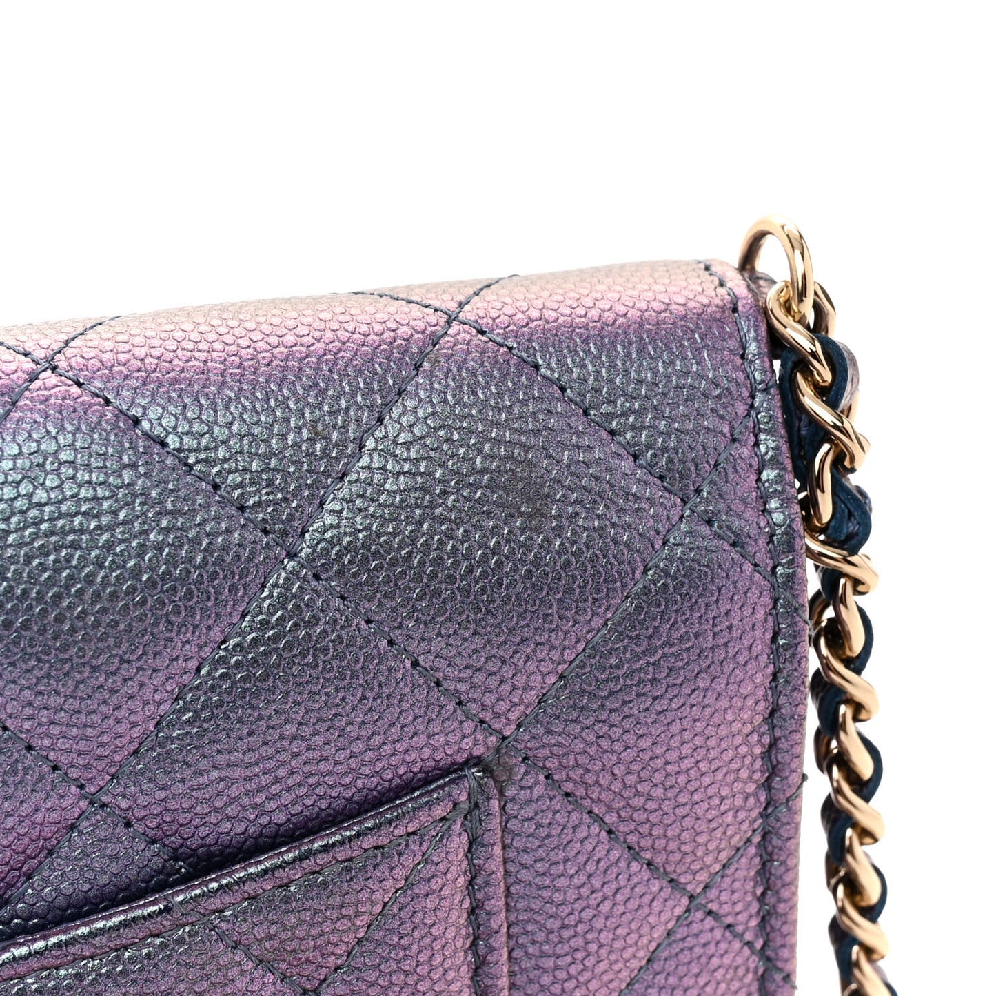 Iridescent Caviar Quilted Wallet on Chain WOC Dark Blue