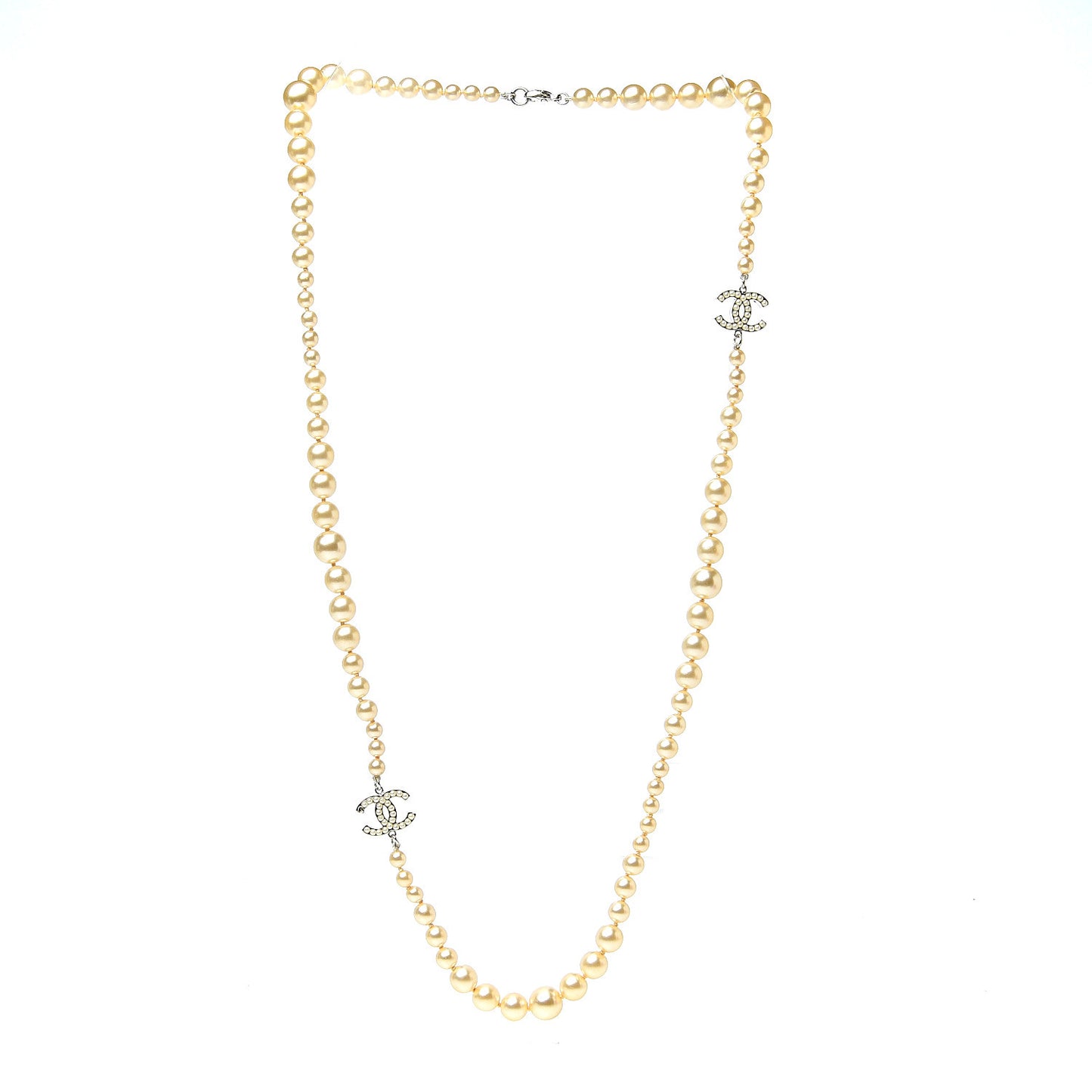 Graduated Pearl CC Long Necklace Silver