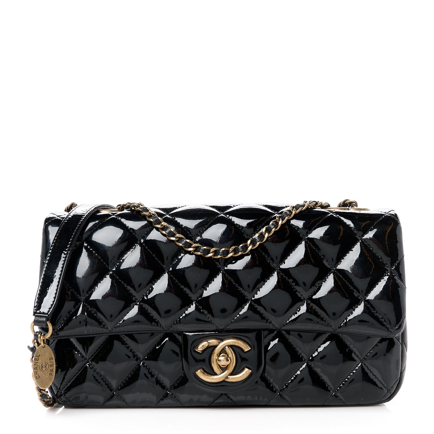 Patent Goatskin Quilted Medium CC Eyelet Flap Black