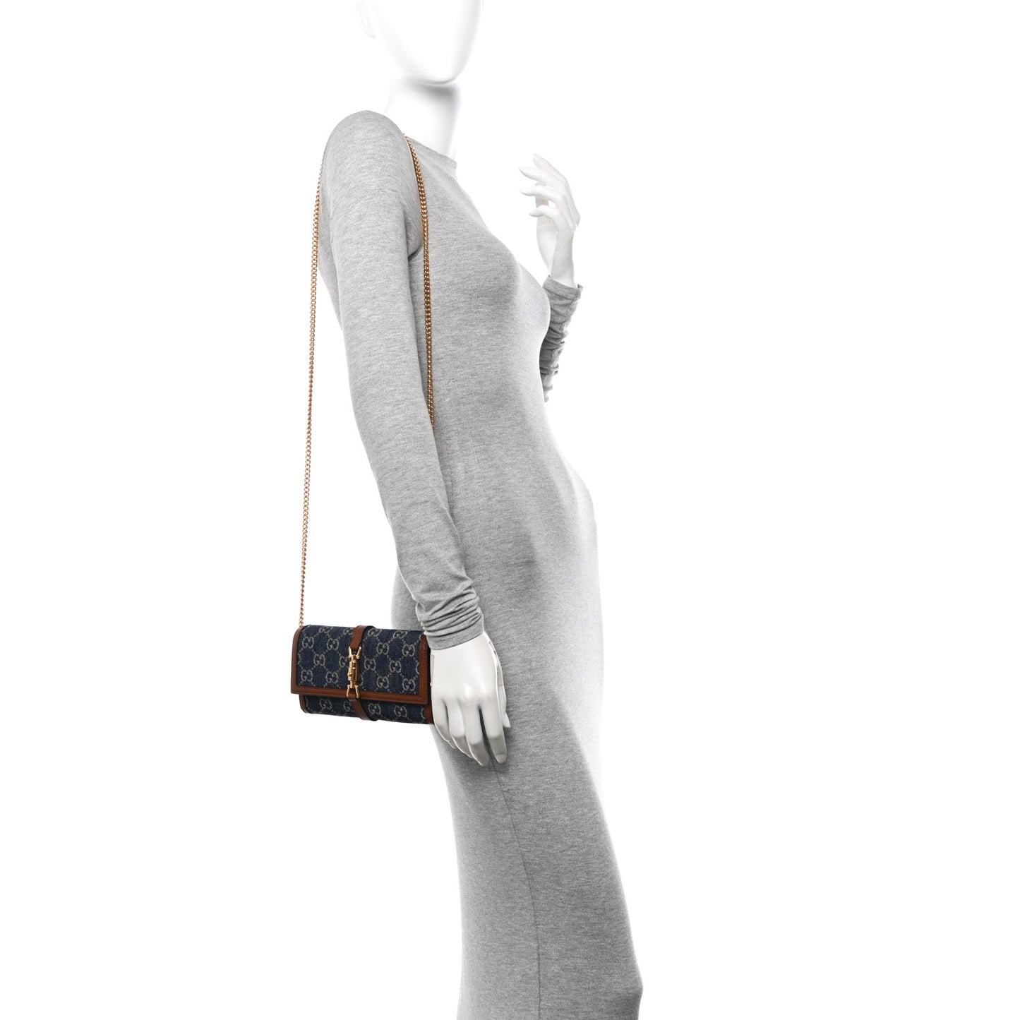 New Denim GG Monogram Jackie 1961 Chain Wallet Blue Tea Cuir