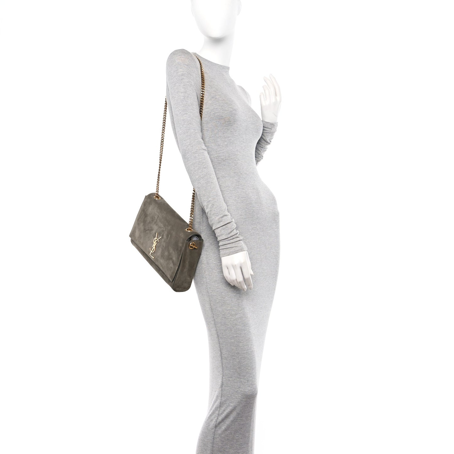 Smooth Calfskin Suede Medium Reversible Monogram Kate Satchel Taupe