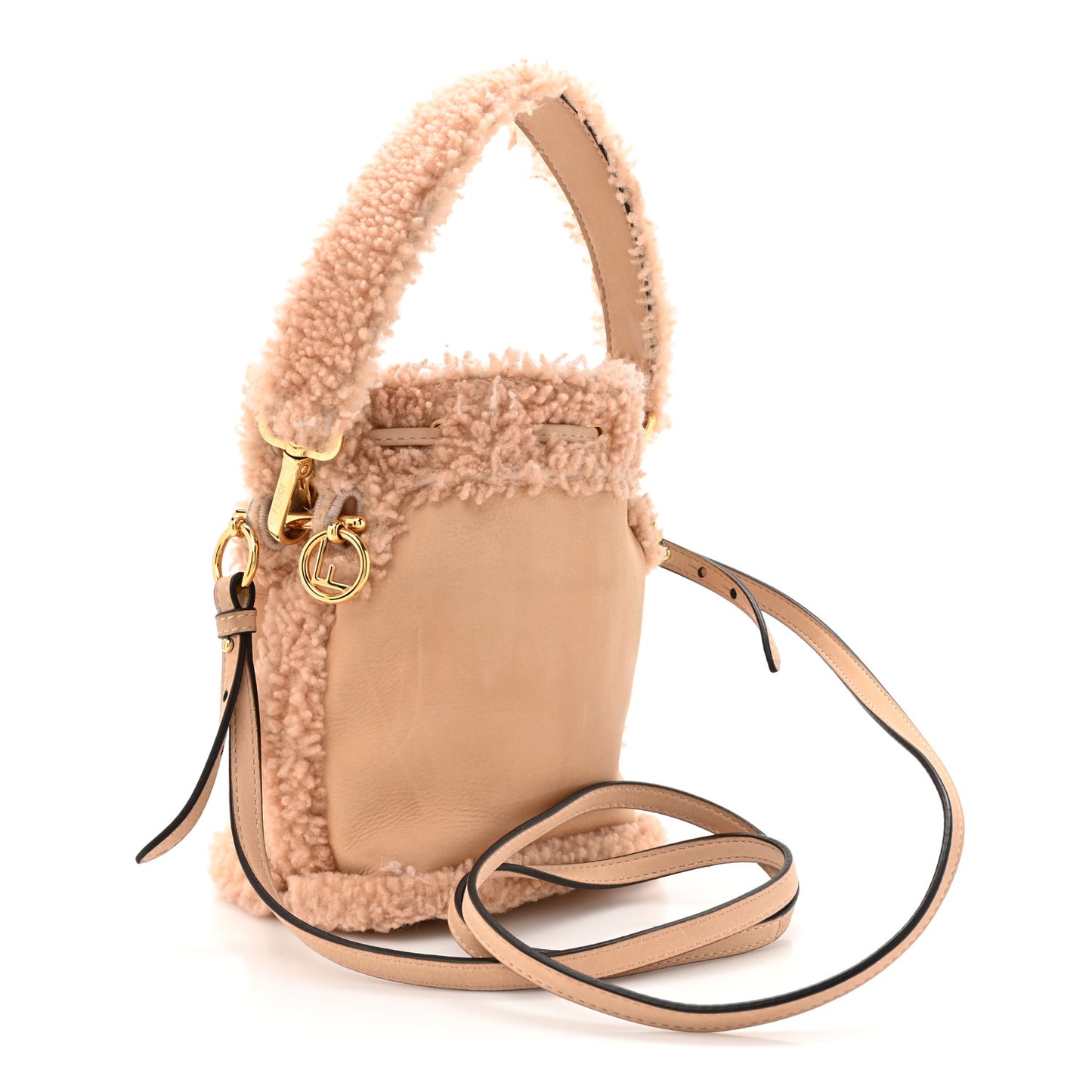 Shearling Suede F is Fendi Logo Embossed Mini Mon Tresor Bucket Bag Light Rose