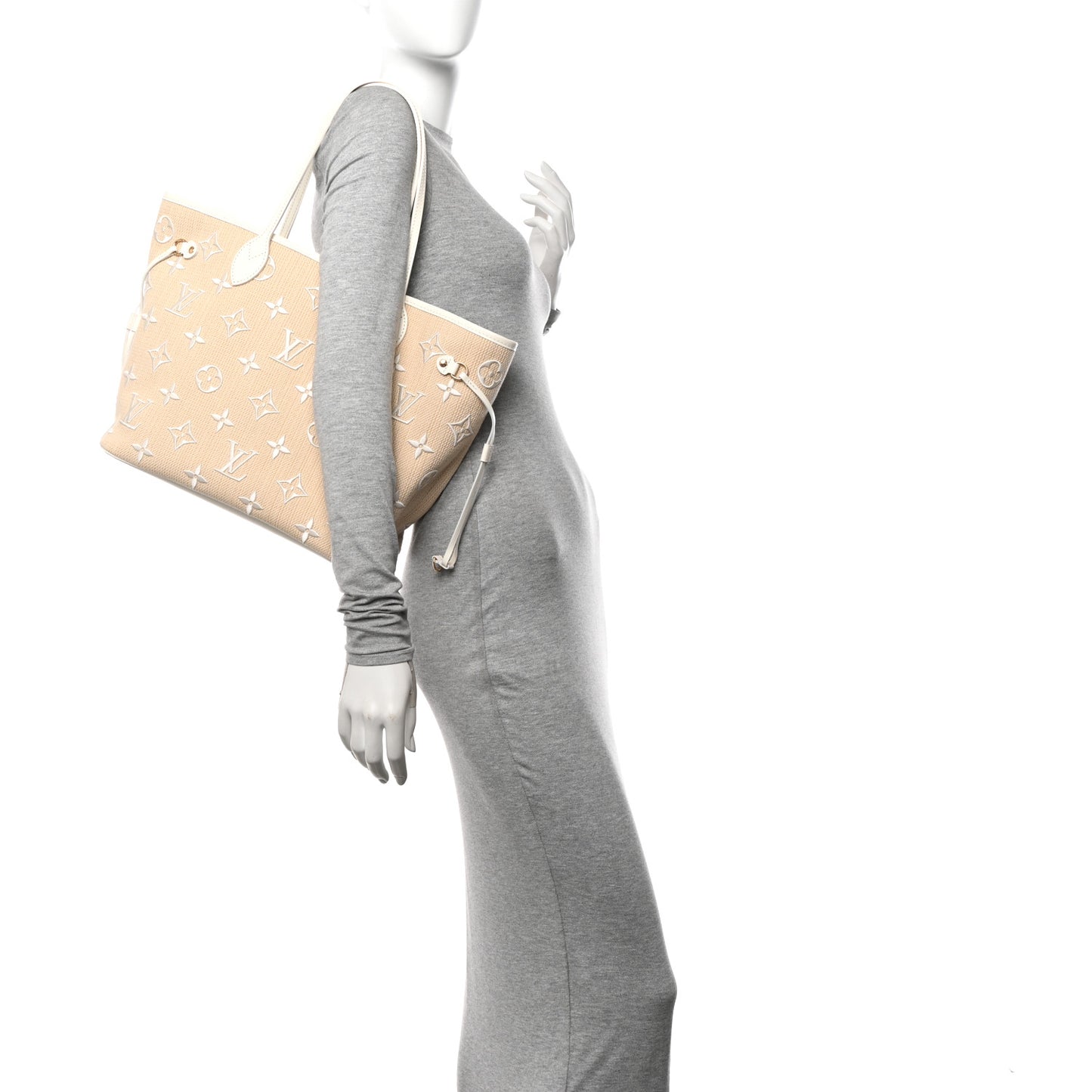 Cotton Monogram Embroidered Neverfull MM Beige White