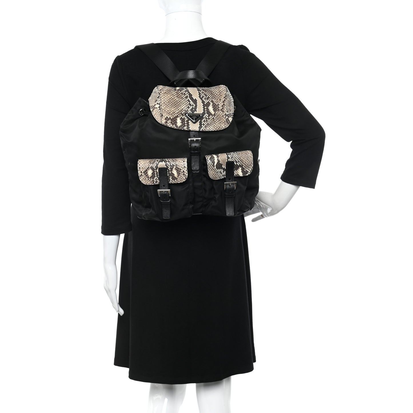 Tessuto Nylon Snakeskin Saffiano Medium Backpack Black Roccia