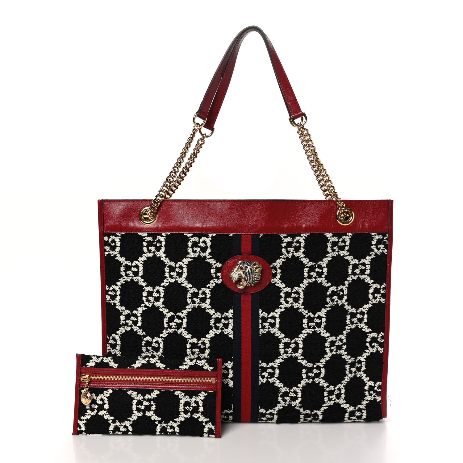 Gucci Tweed GG Monogram Large Rajah Chain Tote Romantic Cherry Black White 3 of 13