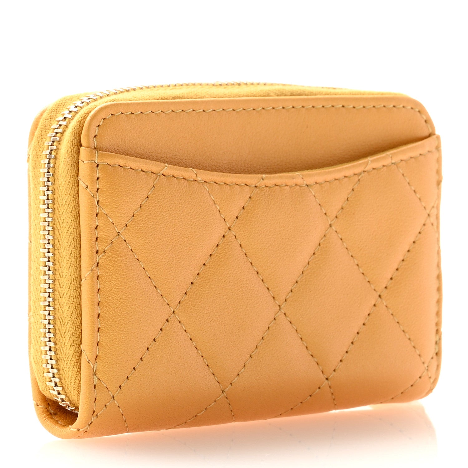 Chanel Metallic Lambskin Quilted Zip Around Coin Purse Wallet Yellow 3 of 8