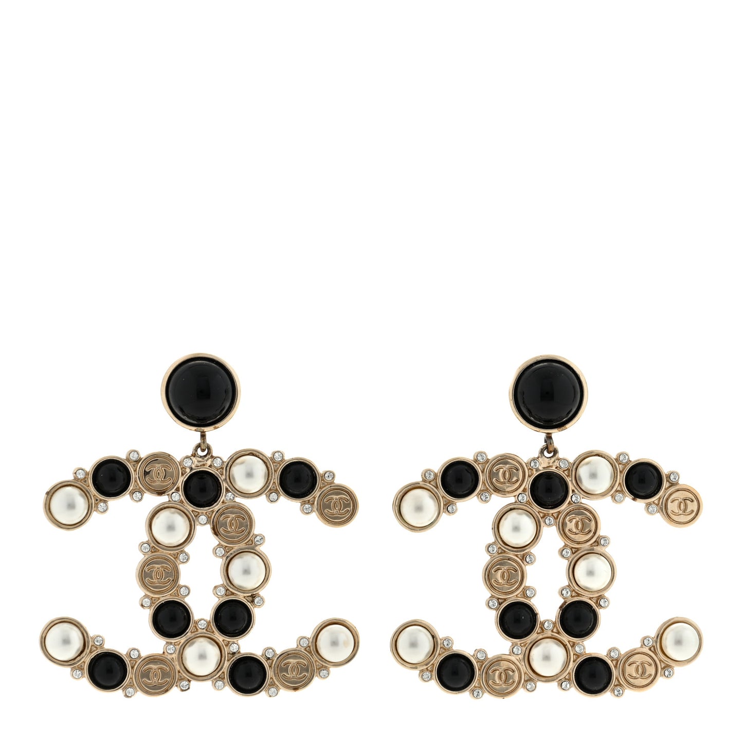 Crystal Pearl Metal Resin Polka Dot CC Drop Earrings Black Gold