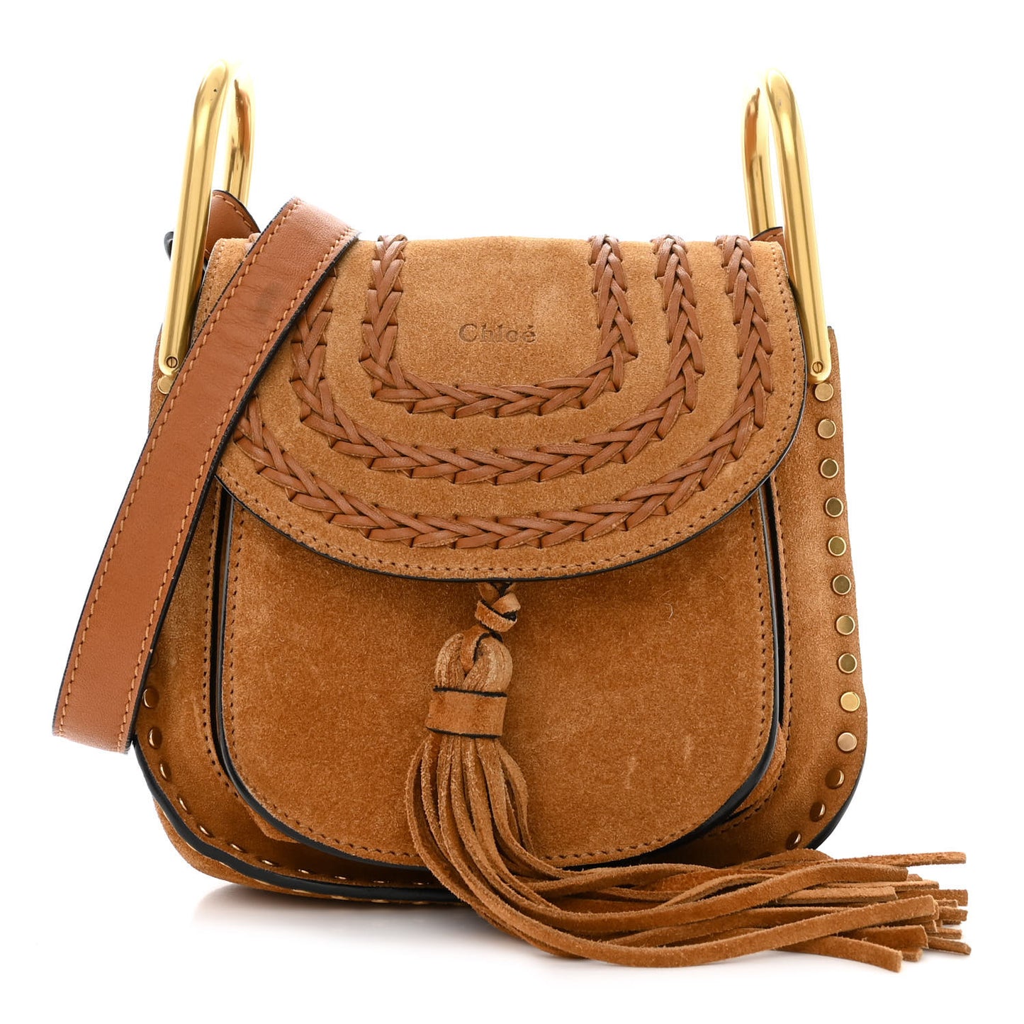 Suede Calfskin Braided Mini Hudson Shoulder Bag Caramel