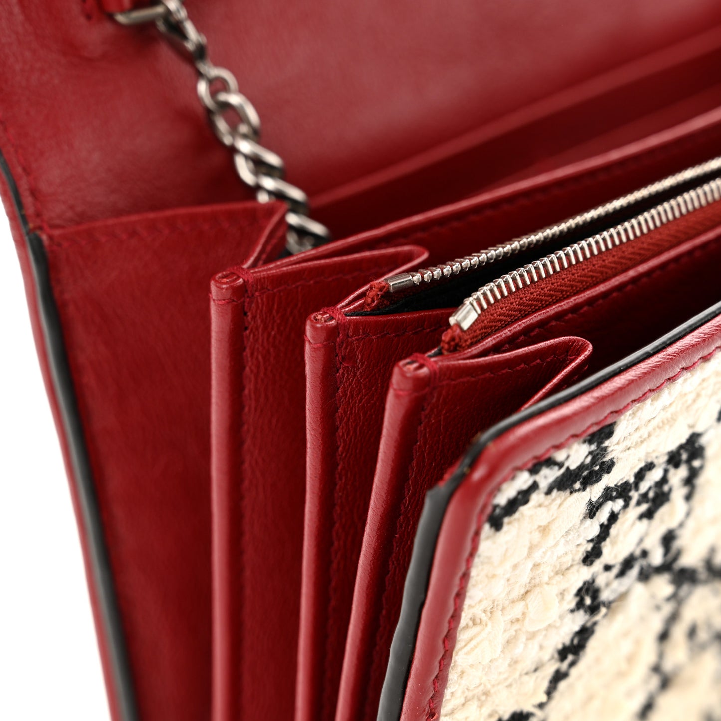 Tweed GG Monogram Mini Dionysus Chain Wallet White Black Romantic Cherry